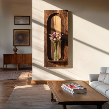 Vertical Wood Wall Decor Panel with Arched Recess and Display Shelf