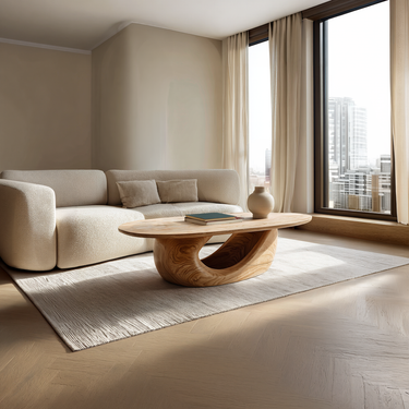 Sculptural Oval Coffee Table with Curved Base in Natural Wood
