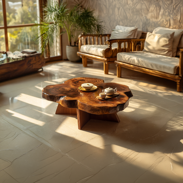 Live Edge Sculptural Coffee Table with Cross Base Design