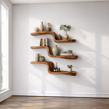 Natural Wood Floating Wall Shelf with Curved Layered Design