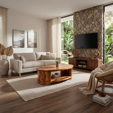 Oval Coffee Table with Curved Frame and Open Storage Shelf