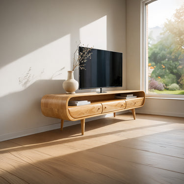 Natural Wood TV Console with Rounded Frame and Drawer Storage