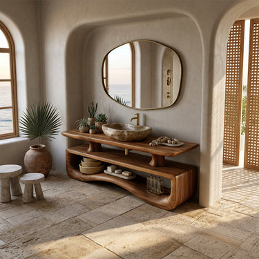 Natural Wood Bathroom Vanity With Rounded Display Shelf