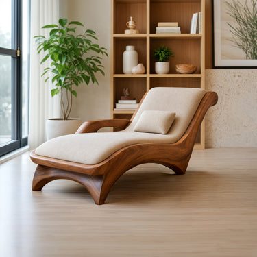 Sculptural Wood Daybed With Curved Upholstered Cushion