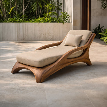 Sculptural Wood Daybed With Cushioned Seat For Sunroom