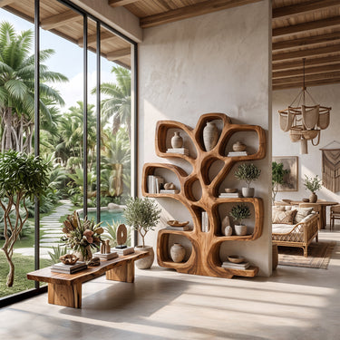 Natural Wood Branch Bookcase With Organic Display Shelves