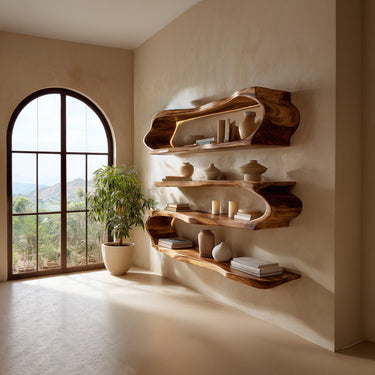 Flowing Wood Wall-Mounted Shelf With Open Display