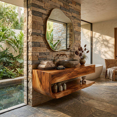 Floating Natural Wood Bathroom Vanity With Curved Shelf