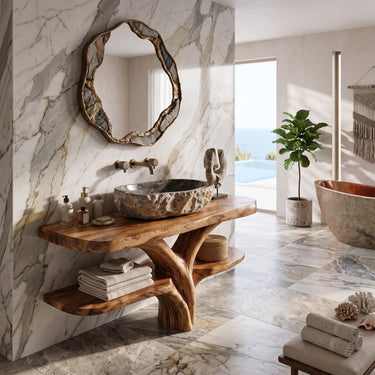 Natural Wood Branch Vanity With Floating Lower Shelf