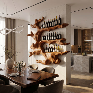Natural Wood Statement Wine Rack With Flowing Branch Display