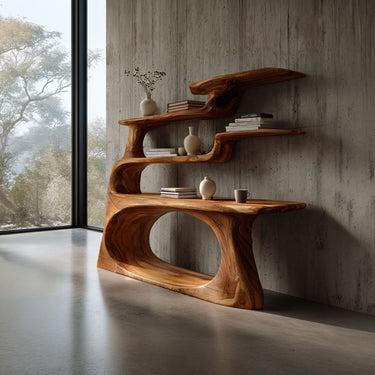 Modern Sculptural Wood Console Table With Open Shelves