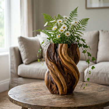Sculpted Solid Wood Floral Vase for Organic Modern Home Styling