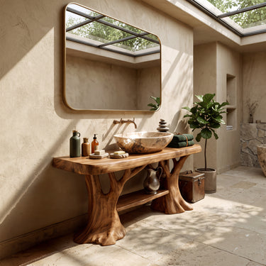 Natural Wood Bathroom Vanity With Branch Pedestal Base
