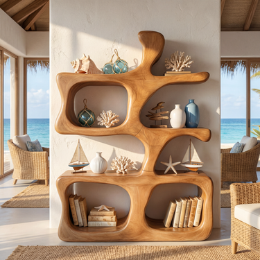 Coastal Solid Wood Bookshelf With Asymmetrical Sculptural Compartments