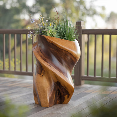 Tall Hand-Carved Solid Wood Planter for Organic Landscape Styling