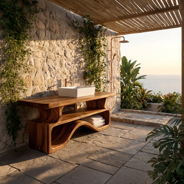 Sculptural Solid Wood Bathroom Vanity with Open Shelving
