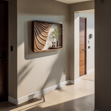 Natural Wood Wall Shelf with Layered Sculptural Panel and Rounded Frame