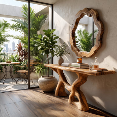 Natural Wood Console Table With Organic Open Base