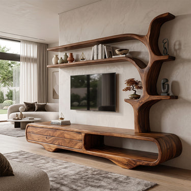 Natural Wood Media Wall Unit With Curved Tree Shelves