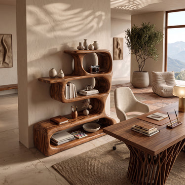 Natural Wood Office Bookshelf With Flowing Open Shelves