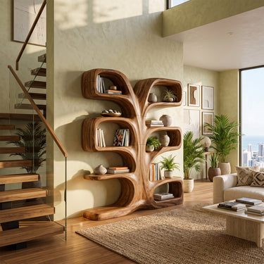 Natural Wood Branching Bookcase With Sculptural Open Shelves