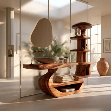 Natural Wood Bathroom Vanity With Tiered Storage Shelves