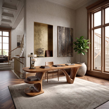 Solid Wood Executive Desk With Open Storage Shelves and Sculptural Base