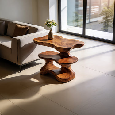 Natural Wood Side Table With Sculptural Tiered Form