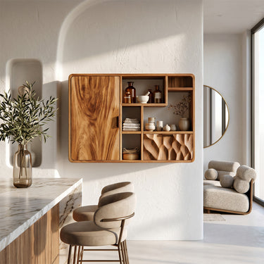 Natural Wood Bathroom Cabinet With Open Cubbies And Relief Panel