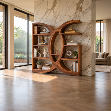 Statement Wood Bookshelf With Interlocking Curves And Open Display Shelves