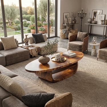 Organic Oval Coffee Table with Sculpted Loop Base and Shelf
