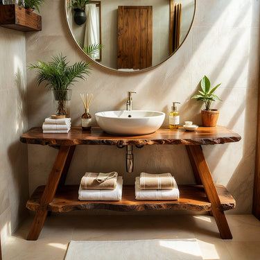 Solid wood bathroom vanity cabinet with shelves, rustic design, spa-style.