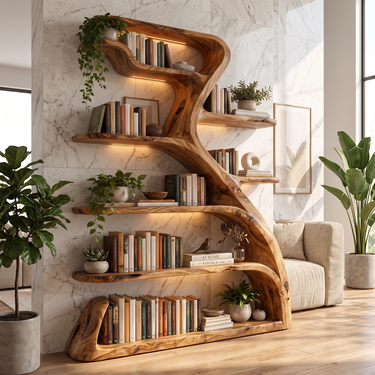 Serenwood Sculptural Solid Wood Bookshelf with Organic Open Shelves