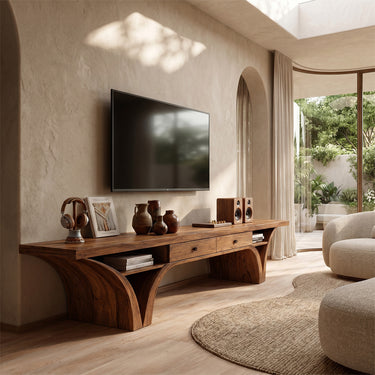 Natural Wood TV Console With Sculpted Arch Supports