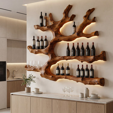Natural Wood Wine Wall Display With Branch Arms And Glass Shelf