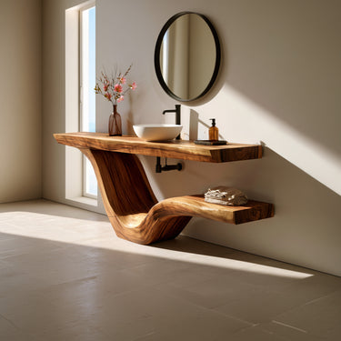 Sculptural Solid Wood Floating Vanity with Live Edge Countertop