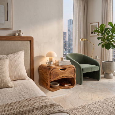 Organic Floating Nightstand with Wave Drawer and Open Shelf