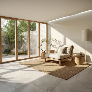 Natural Wood Lounge Chair with Low Platform Frame and Cushioned Seat