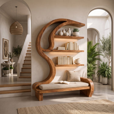 Natural Wood Crescent Bookcase With Built In Reading Bench