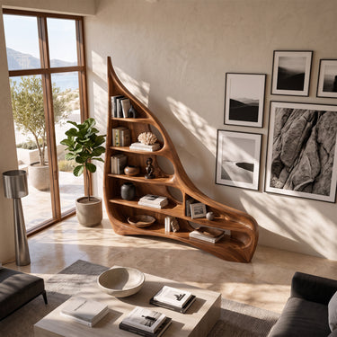 Asymmetrical Wood Bookshelf With Tiered Open Shelves And Curved Frame
