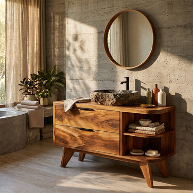 Natural Wood Bathroom Vanity With Drawer Storage
