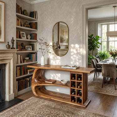 Natural Wood Console Table With Side Wine Rack