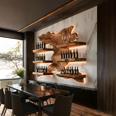 Large solid wood wine rack. Impressive wall-mounted bar shelf.
