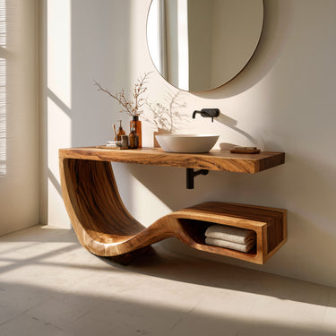 Organic Solid Wood Floating Vanity with Curved Shelf Storage
