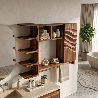 Natural Wood Bathroom Wall Shelf With Wave Cabinet