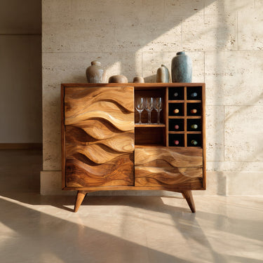 Carved Wood Wine Cabinet With Bottle Storage