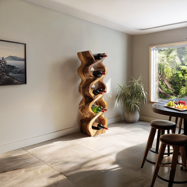 Sculptural Solid Wood Wine Rack Floor Stand Handcarved Bottle Holder