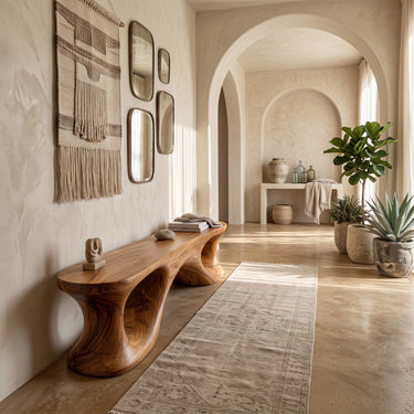 Long Wood Entryway Bench With Curved Pedestal Legs