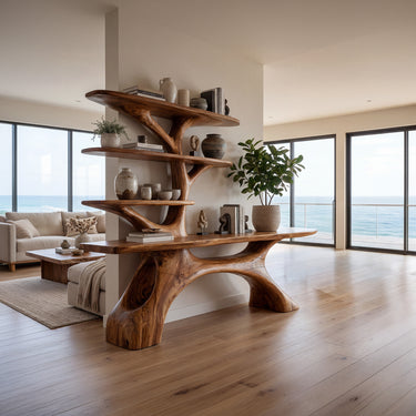 Sculptural Wood Room Divider Console With Open Shelves