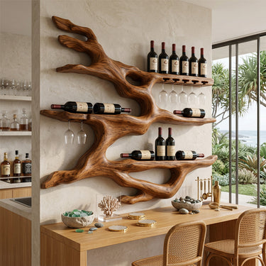 Natural Wood Wall Wine Holder With Branch Shelves